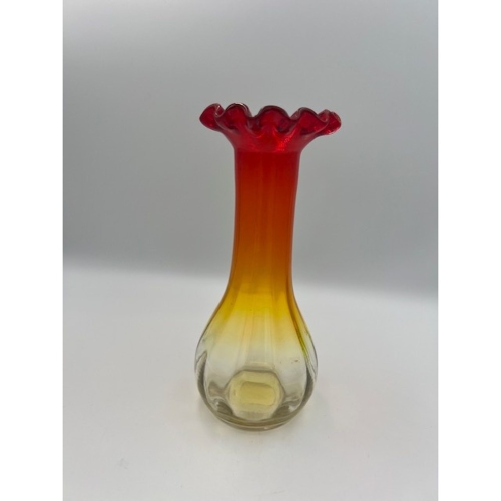 Vintage Amberina Art Glass Vase Ruffled Rim Red Orange Yellow Ombre Glow 8.75"